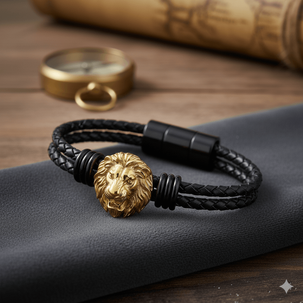 Pulsera Cuero Negro León Dorado