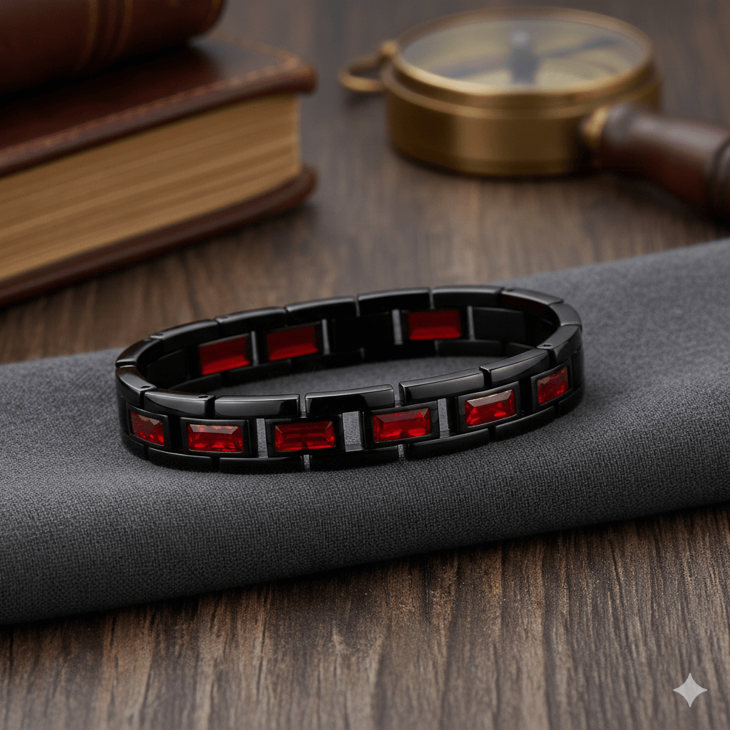 Pulsera Negra con Piedras Rojas